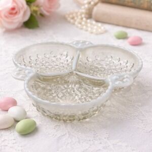 Vintage Milk Glass Hobnail Divided Candy Dish Opalescent Relish Bowl